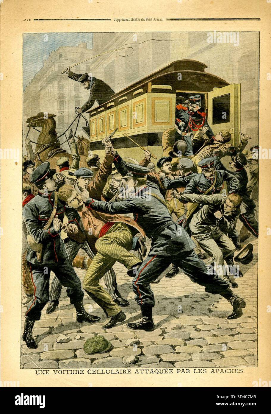 Eine dramatische Szene aus der Ausgabe des *Le Petit Journal* vom 7. Juli 1907, die einen Angriff von 'apachen' (Kriminelle) auf einen Polizeiwagen zeigt. Die Illustration zeigt die Spannungen und Gewalt im Zusammenhang mit kriminellen Aktivitäten in Frankreich. Stockfoto