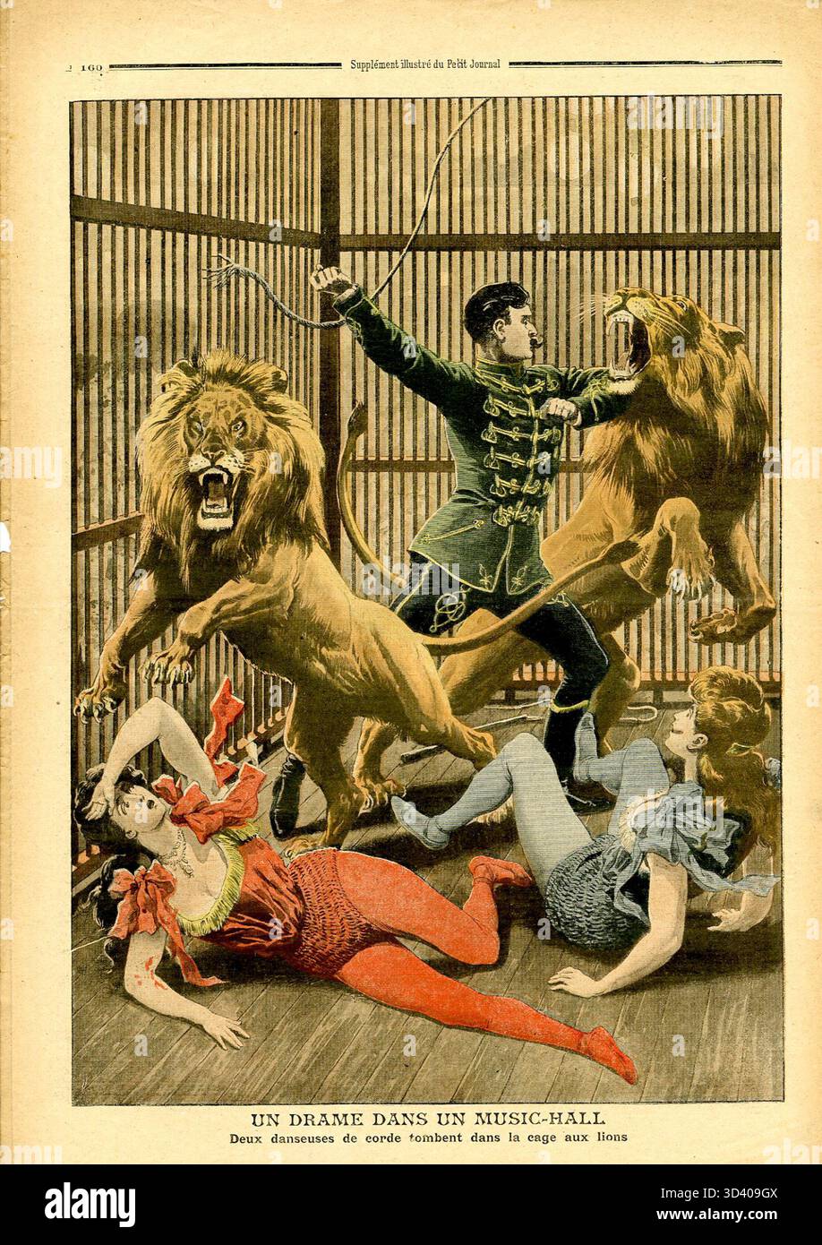 Ein tragisches Ereignis ist auf dem Cover des *Le Petit Journal* vom 19. Mai 1907 zu sehen, das ein Drama zeigt, das sich in einem Musiksaal entfaltet. Die Abbildung zeigt das Chaos und die emotionale Intensität des Vorfalls. Stockfoto