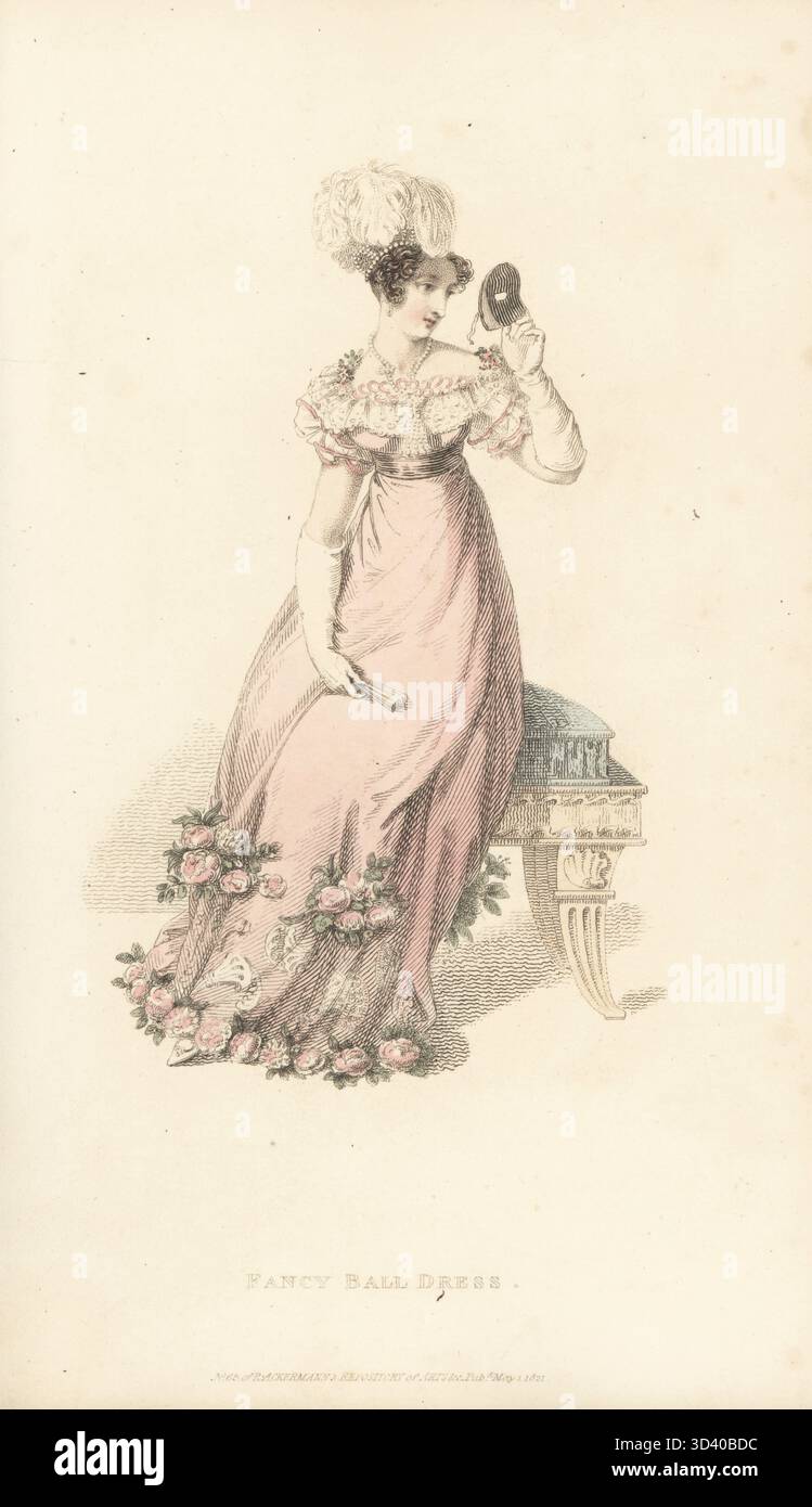 Frau in schickem Ballkleid, die eine Maskierungsmaske hält, auf einem Hocker sitzt. Rundes Kleid aus rosa Gaze über Satin mit Rosenkranz und gestickten Muscheln am Saum. Quadratische Corsage, blonder tucker a l'enfant, mit blonden Muscheln besetzt. Perlendiadem mit Straußenfedern, Perlenkette, Kinderhandschuhe. Entworfen von Miss Pierpoint, 9 Henrietta Street, Covent Garden, Erfinder des Korsetts in La Grecque. Handkolorierter Kupferstich von Thomas Uwins alias Arbiter Elegantiarum aus Rudolph Ackermanns Repository of Arts, Strand, London, Mai 1821. Stockfoto