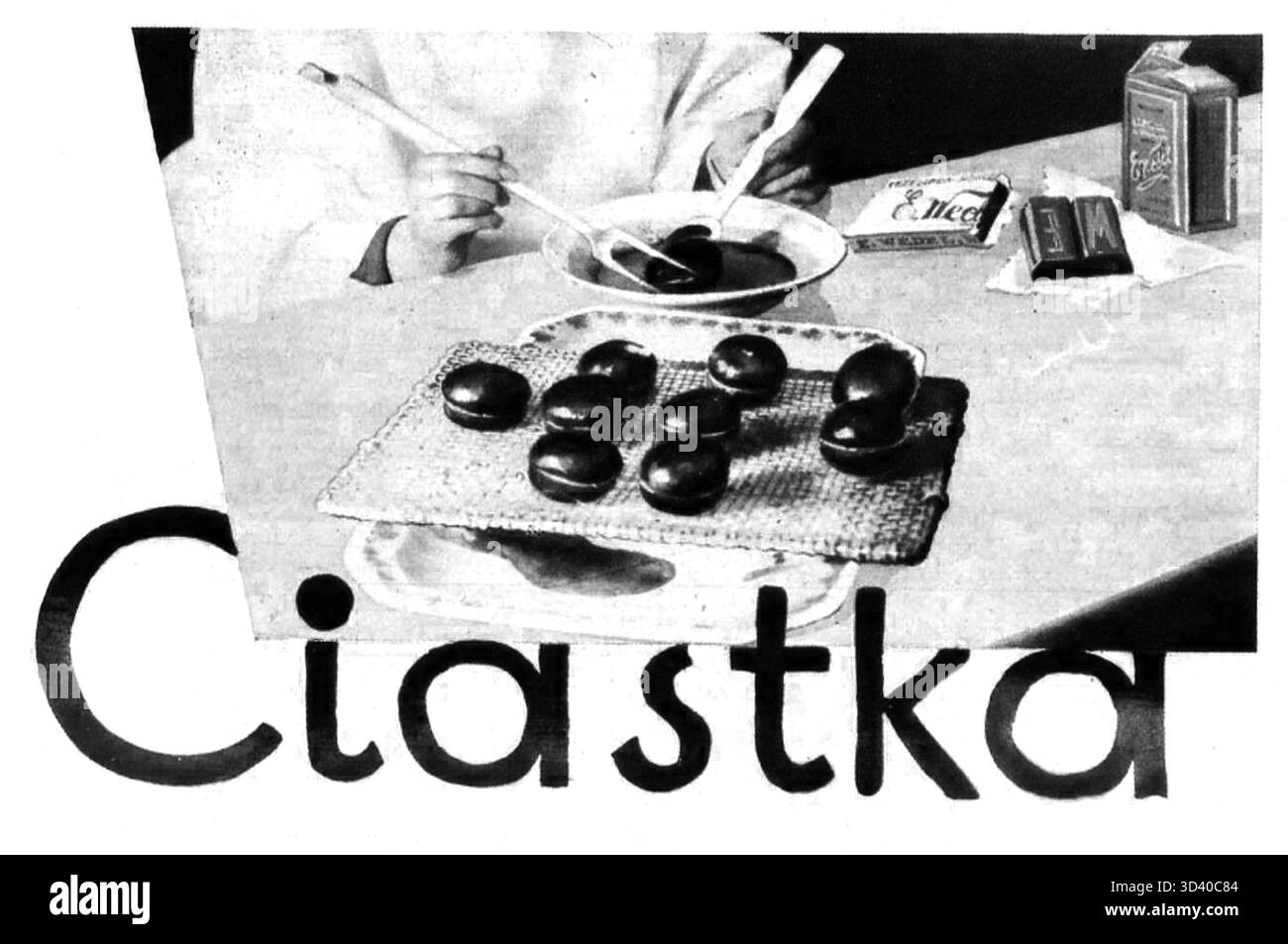 Dieser zugeschnittene Scan von *Wedlowska Czekolada: 33 Sprawdzone Przepisy* präsentiert ein Schokoladenrezept aus Polen des frühen 20. Jahrhunderts. Dieses Kochbuch, das zwischen 1930 und 1939 veröffentlicht wurde, beleuchtet die traditionellen Desserts des Landes. Stockfoto