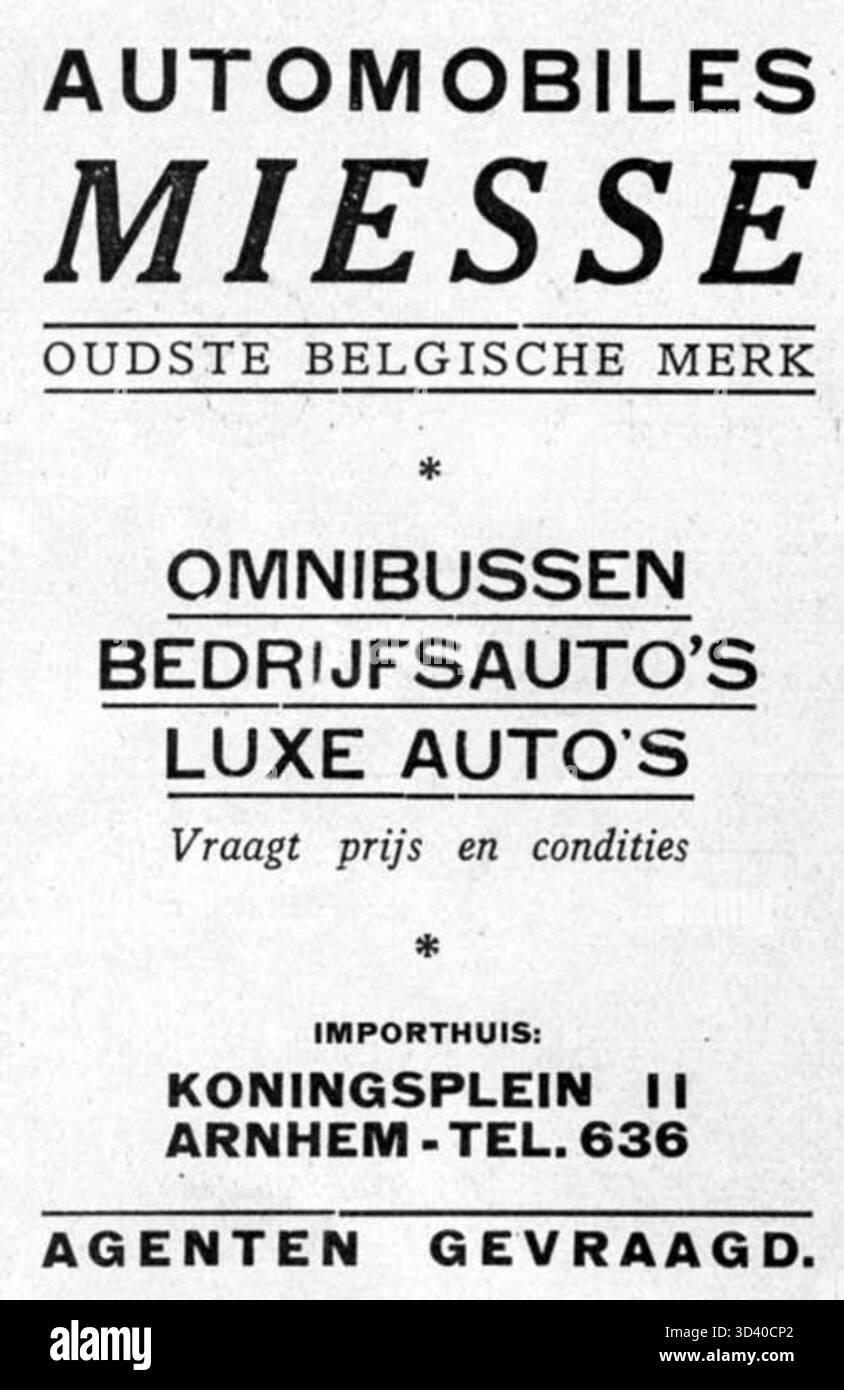 Werbung vom November 1924 des belgischen Herstellers Automobiles Miesse, der seine Fahrzeuge in Arnheim, Niederlande, bewerbe. Stockfoto