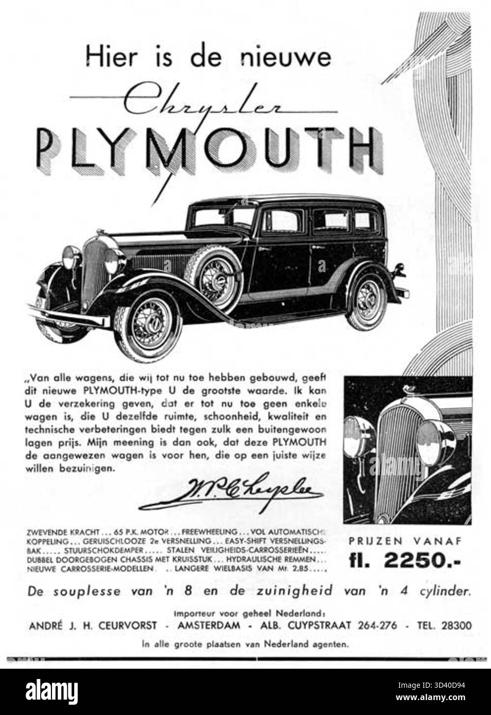Eine Werbung aus dem April 1932 mit der Marke Plymouth, in der das Modell in Amsterdam, Niederlande, vorgestellt wird. Stockfoto