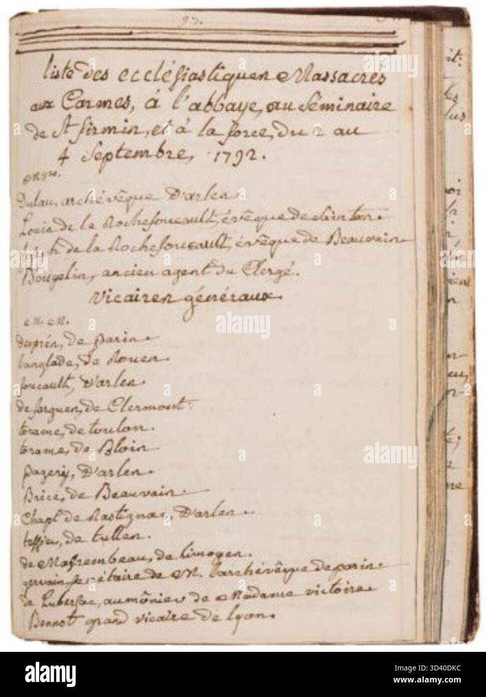 Ein Manuskript aus dem Jahr 1795 mit Gebeten und einer Liste von Geistlichen und Laien, die während der Französischen Revolution in Paris und verschiedenen Regionen ermordet wurden, darunter jene in Carmes, Abbaye, Saint-Firmin Seminar und La Force vom 2. Bis 4. September 1792. Die Liste ist nach Rang und Diözese gegliedert. Stockfoto