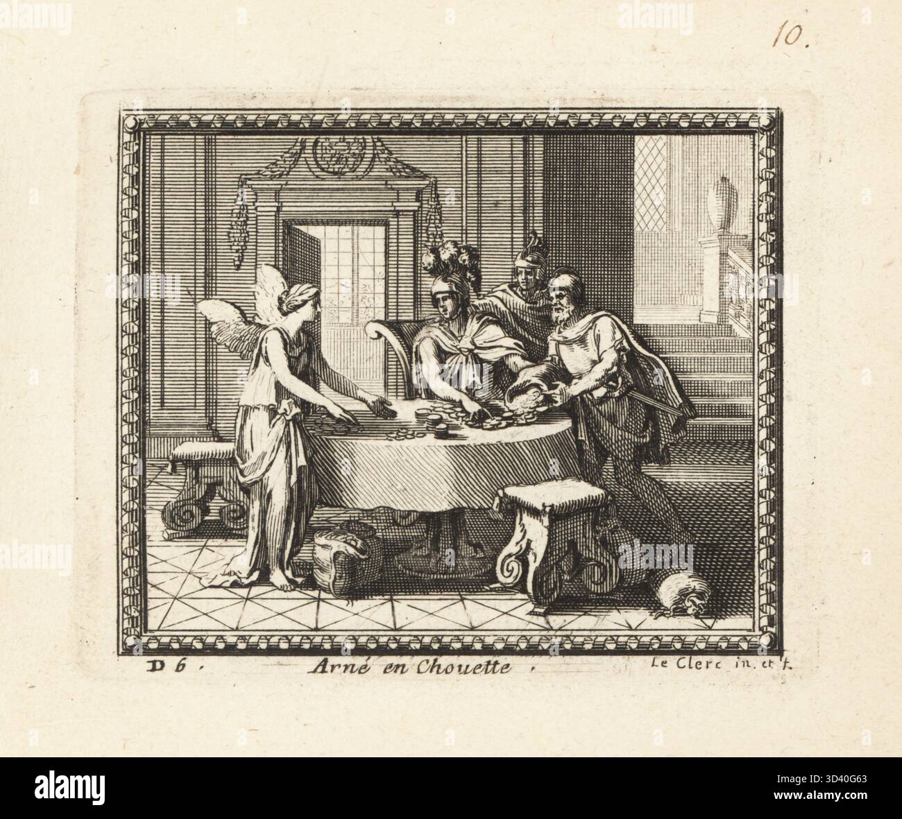 Arne verwandelte sich in eine Eule, weil sie ihr Heimatland wegen Gold verraten hatte. Die Prinzessin Nymphe zeigt sich mit Flügeln, als sie ein Goldbestechungsgeld von König Minos von Kreta entgegennimmt. In anderen Versionen wird sie in einen Jackdaw verwandelt. Arne en Chouette. Kupferstich von Sebastien Leclerc aus Metamorphoses d’Ovide, Stiche für Ovids Metamorphoses, chez Audran, Paris, 1676. Stockfoto