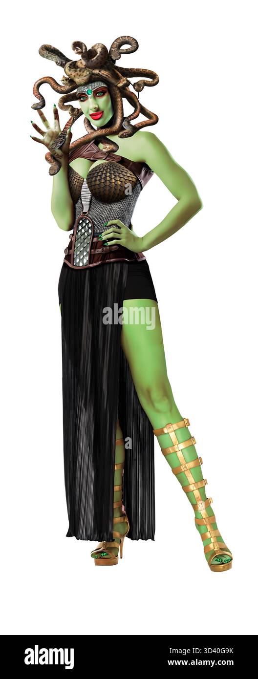 Darstellung der Medusa aus der griechischen Mythologie, bereit zum Tanz. Erstellt durch digitale Malerei und Fotobearbeitung. Diese Version hat weißen Hintergrund für cli Stockfoto