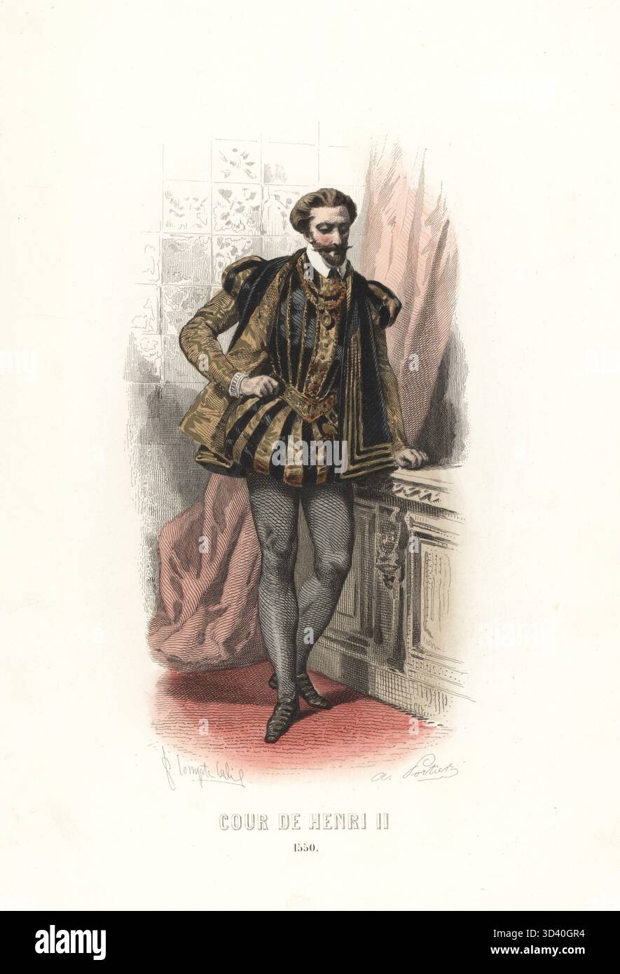 Adliger am Hof von König Heinrich II. Von Frankreich, 16. Jahrhundert. In van Dyke Bart, Kurzmantel, Wimpernhose und Schlauch. Cour de Henri II, 1550. Handkolorierter Stahlstich von Adolphe Portier nach einer Illustration von Francois Claudius Compte-Calix aus dem Album Keepsake des Costumes de la Cour Francaise depuis Charles VII jusqu'a Louis XVI, Keepsake Album der französischen Hofkostüme von Charles VII bis Louis XVI, Modes Parisiennes, Paris, 1854. Stockfoto