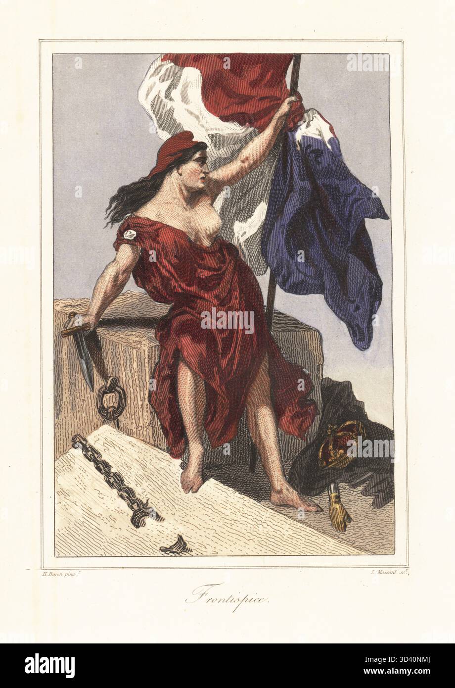 Frontispiece mit allegorischer Illustration der Freiheit in der Phrygischen Mütze, die ein Schwert und eine dreifarbige Flagge über gebrochenen Ketten, Krone, Mantel und Zepter hält. Handkolorierter Stahlstich von Leopold Massard nach einer Illustration von Henri Baron aus Augustin Challamel und Wilhelm Tenint's Les Francais sous la Revolution, die Franzosen unter der Revolution, Challamel, Paris, 1843. Stockfoto