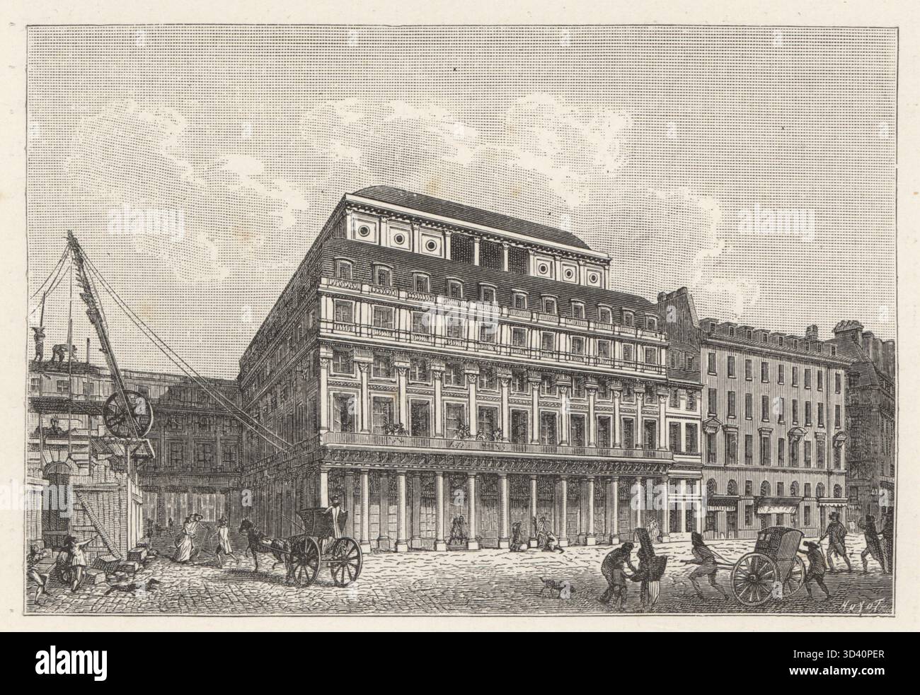 Blick auf das Theater-Francais in der Rue Richelieu, 1792. Jetzt die Salle Richelieu, Heimat der Comédie-Francaise im Palais-Royal. Der Architekt Victor Louis eröffnete 1785 unter dem Namen Theatre des Varietes amusantes. Holzschnitt von Huyot aus Paul Lacroix' Direktorat, Consulat et Empire, (Directory, Konsulat und Empire), Paris, 1884. Stockfoto