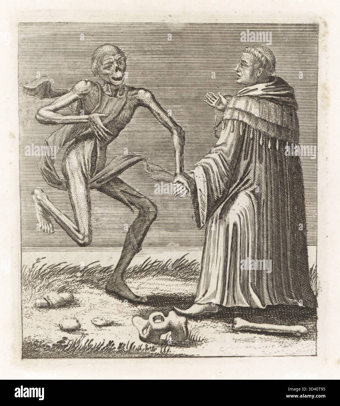 Leiche des Todes mit dem Kanon. Skelettfigur im langen Tuch, die die Hand des Klerikers greift. Der Kanon mit tonsicherer, mit Fell gefütterter Cassocke. Femur, Becken und Knochen auf dem Boden. Kupferstich von Jacques-Antony Chovin nach einer Illustration von Matthaus Merian aus Todtentanz der Stadt Basel: Der Tanz des Todes in Basel, La Danse des Morts a Bale, Basel, Schweiz, 1744. Stockfoto