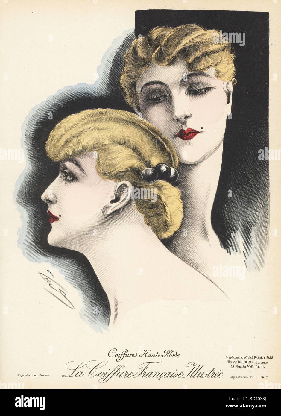 Modische Damenfrisuren, Paris, 1925. Frau im Profil mit gewelltem Haar, fixiert mit Art déco-Kamm, und Modell mit kurzen bob- und Marcel-Wellen. Coiffures Haute-Modus. Chromolithograph von Geo aus La Coiffure Francaise Illustrée, französisches Friseurmagazin herausgegeben von Ulysse Boucoiran, 33 rue de Mail, Paris, Dezember 1925. Stockfoto