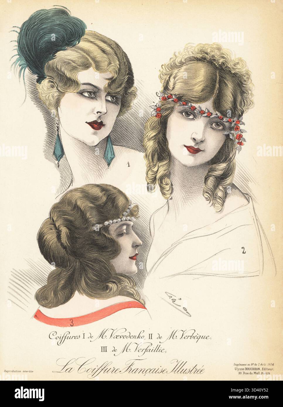 Frauen in kurzer, welliger Frisur, verziert mit Federn, Girlanden und Perlen. Frisuren der Pariser Friseure Voevodenko 1, Verbeque 2 und Versaillie 3. Coiffures de M. Voevodenko, Verbeque, Versaillie. Chromolithographie von Geo aus La Coiffure Illustrée, französisches Friseurmagazin herausgegeben von Ulysse Boucoiran, 33 rue de Mail, Paris, August 1924. Stockfoto