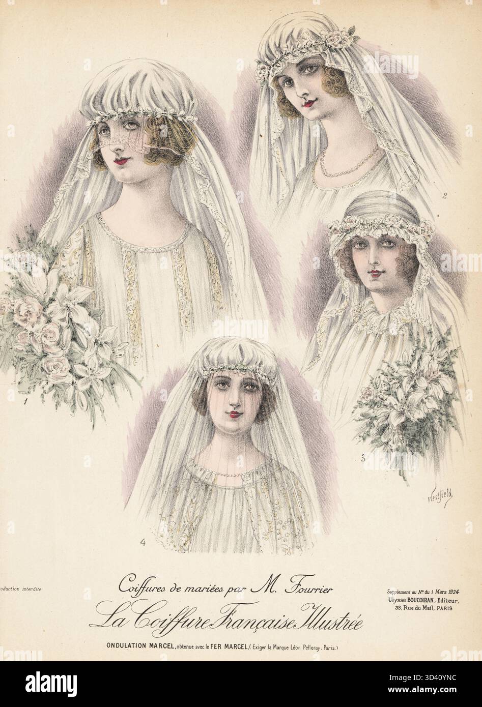 Brautfrisuren von Fourrier, 22 Bd.. Malesherbes, Paris. Frauen in Marcel Waves mit Haube und Schleier-Kopfbedeckungen, die mit Blumen und Spitze verziert sind. Coiffures de mariees par M. Fourrier. Chromolithographie von Westfield aus La Coiffure Illustrée, französisches Friseurmagazin herausgegeben von Ulysse Boucoiran, 33 rue de Mail, Paris, März 1924. Stockfoto