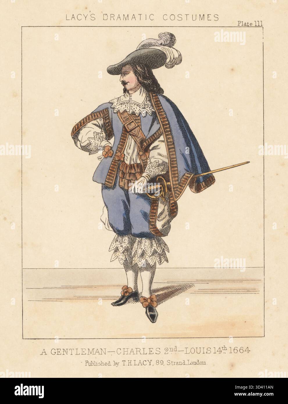 Ein Gentleman, Herrschaft von König Karl II. Oder Ludwig XIV., 1664. Handkolorierte Lithografie aus Thomas Hailes Lacy's Male Costumes, Historical, National and Dramatic in 200 Plates, London, 1865. Lacy (1809–1873) war ein britischer Schauspieler, Dramatiker, Theatermanager und Verleger. Stockfoto