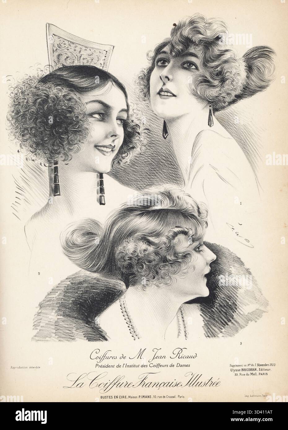 Frisuren von Jean Ricaud, Präsident des Instituts für Damen-Friseure, Paris, 1923. Modelle in krassen Locken, Marcel Waves, mit Art déco-Haarkämmen und Ohrringen. Wachsbüsten von Maison P. Imans. Jean Ricaud, Präsident des Instituts des Coiffeurs de Dames. Lithografie von Geo aus der französischen Friseurzeitschrift La Coiffure Illustrée, herausgegeben von Ulysse Boucoiran, 33 rue de Mail, Paris, März 1924. Stockfoto