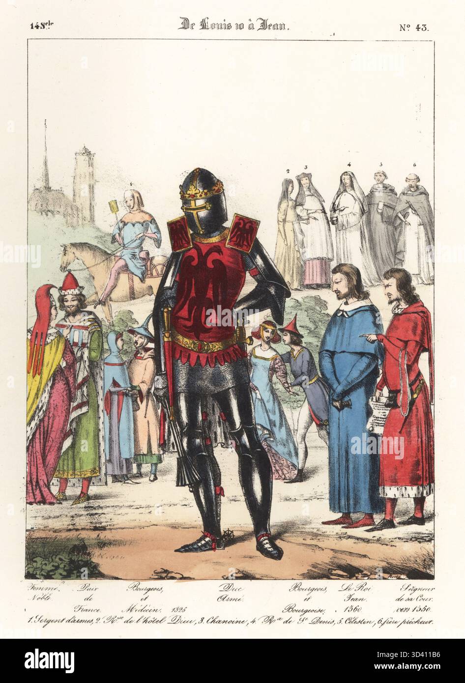 Herzog mit Helm, schwarzer Rüstung, Mantel mit zweiköpfigem Adler, 14. Jahrhundert. Mit König Johannes II. Von Frankreich, 1319–1364, und Höfling mit Schriftrolle, anderen Gleichaltrigen, flirtenden Adligen, Arzt, Feldwebel, usw. Femme Noble, Pair de France, Bourgeois et Medicin, Duc Arm, Bourgeois, le ROI Jean, Seigneur de sa Cour. De Louis 10 A Jean, 14e Siecle. Handkolorierte Lithografie von Godard nach einer Illustration von Charles Auguste Herbé aus seinen eigenen Kostümen Francais, Civils, Militaires et Religieux, französische Kostüme, Militär und Ordensleute, Maison Martinet, Paris, 1837. Stockfoto