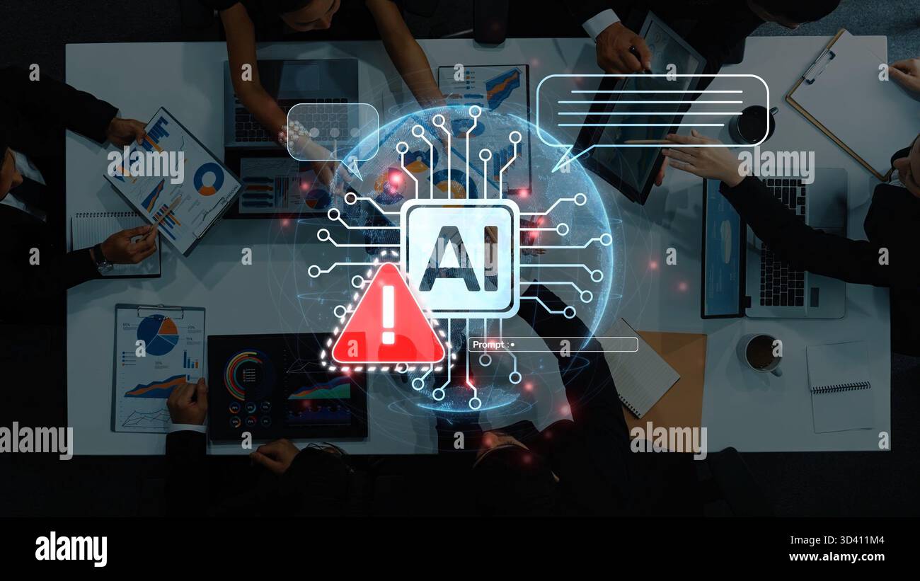 Eine Gruppe von Fachleuten arbeitet in einem modernen Büro zusammen und konzentriert sich dabei auf künstliche Intelligenz und Datenanalyse, wobei Diagramme und digitale Daten verwendet werden Stockfoto
