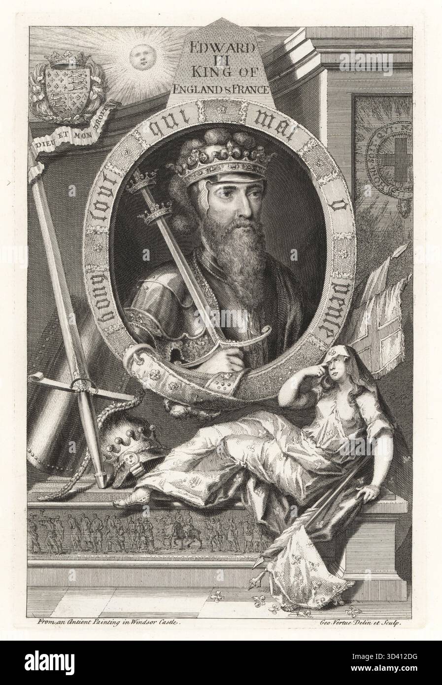 Eduard III., Eduard von Windsor, König von England und Frankreich, 1312–1377. Ovales Porträt mit Krone und Schwert, in Militärruder und Rüstung. Mit Sonne, Wappen, Standards, allegorische Figur von Britannia. Vignette des Königs mit gefangenen Feinden. Von einem antiken Gemälde in Windsor Castle. Kupferstich gezeichnet und graviert von George Vertue aus seinen Köpfen der Könige von England, passend für Mr Rapins Geschichte, übersetzt von N. Tindal, gedruckt für James, John and Paul Knapton, London, 1736. Stockfoto