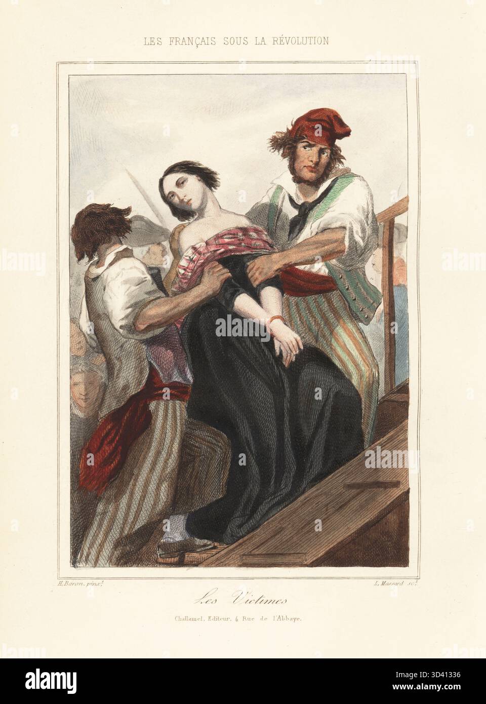 Eine Frau, die während der Herrschaft des Terrors auf das Gerüst zur Guillotine gezerrt wurde, 1792 das Opfer hat ihre Haare kurz geschnitten und ihre Hände für die Guillotine gebunden. Vielleicht Diarist Lucile Desmoulins, Ehefrau der radikalen Journalistin Camille Desmoulins. Les Victimes. Handkolorierter Stahlstich von Leopold Massard nach einer Illustration von Henri Baron aus Augustin Challamel und Wilhelm Tenint's Les Francais sous la Revolution, die Franzosen unter der Revolution, Challamel, Paris, 1843. Stockfoto