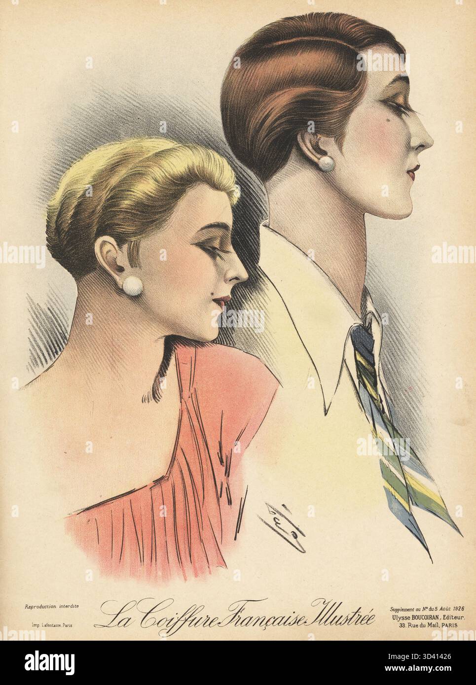 Zwei modische Frauen in kurzen Männerfrisuren. Modell mit Hemd und Krawatte mit kurzem geradem Schnitt und Modell mit kurzem blondem, wellenförmigem Haar. Chromolithograph von Geo aus La Coiffure Francaise Illustrée, französisches Friseurmagazin herausgegeben von Ulysse Boucoiran, 33 rue de Mail, Paris, März 1924. Stockfoto