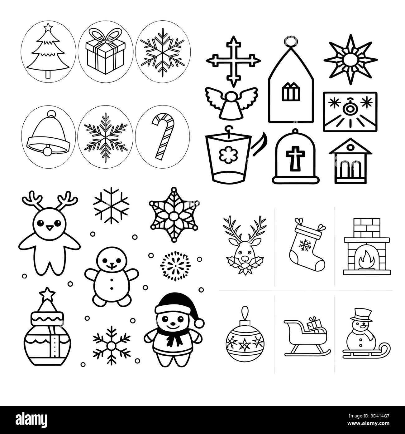 Humorvolle santa claus Gesichter und Posen in schlichter schwarz-weißer Linienart, festlichem und verspieltem Weihnachtsthema. Stock Vektor