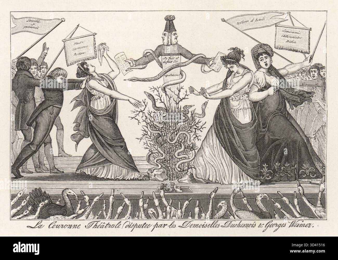 Die Rivalität zwischen Mlle. George (Marguerite Georges) und Mlle. Duchesnois (Joséphine Duchesnois). Beide waren Schauspielerinnen am Theater Francais und Liebhaber von Napoleon. Das Publikum von Gänsen und Truthühnern. Aus einer anonymen Karikatur der Zeit. Illustration aus Paul Lacroix's Direktoire, Consulat et Empire, (Verzeichnis, Konsulat und Empire), Paris, 1884. Stockfoto