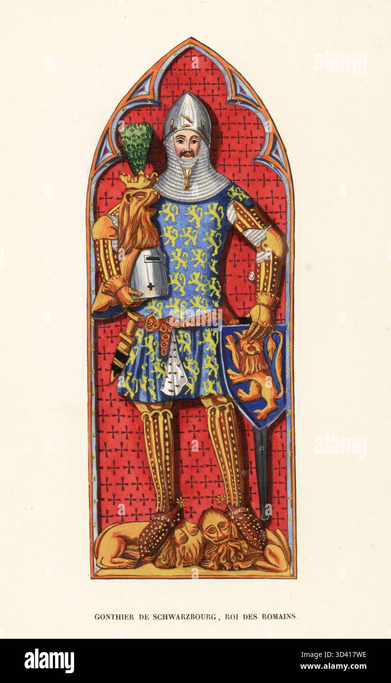 Günther XXI von Schwarzburg, um 1304–1349, Nachkomme der Grafen von Schwarzburg. Umstrittener Kaiser des Heiligen Römischen Reiches nach dem Tod Ludwigs IV In Wappentunika über Schienenpanzer mit Kettenhemderhaube, großem Ruder und Schild von seinem Grabstein in Frankfurt. Gonthier de Schwarzbourg, ROI des Romains, XIVe Siecle. Handkolorierter Holzschnitt aus dem Kostüm du Moyen Age, mittelalterliches Kostüm, Librairie Historique-Artistique, Brüssel, 1847. Stockfoto