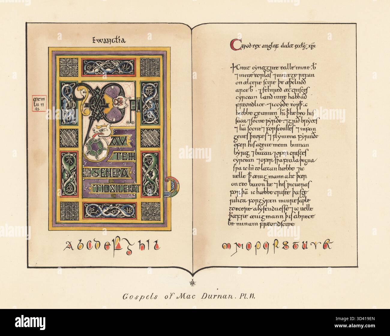 Gospels of Maeiel Brith Mac Durnan oder Mac Durnan Gospels in der Manuskriptbibliothek des Erzbischofs von Canterbury, Lambeth Palace MS 1370. Matthäus-Evangelium mit beleuchtetem Initial X, Text und Alphabet irischer Hauptstädte. Chromolithographie nach einer Illustration von John Obadiah Westwood aus seiner eigenen Palaeographia Sacra Pictoria, eine Serie von Illustrationen der antiken Versionen der Bibel, kopiert von Leuchtmanuskripten, William Smith, London, 1843. Stockfoto