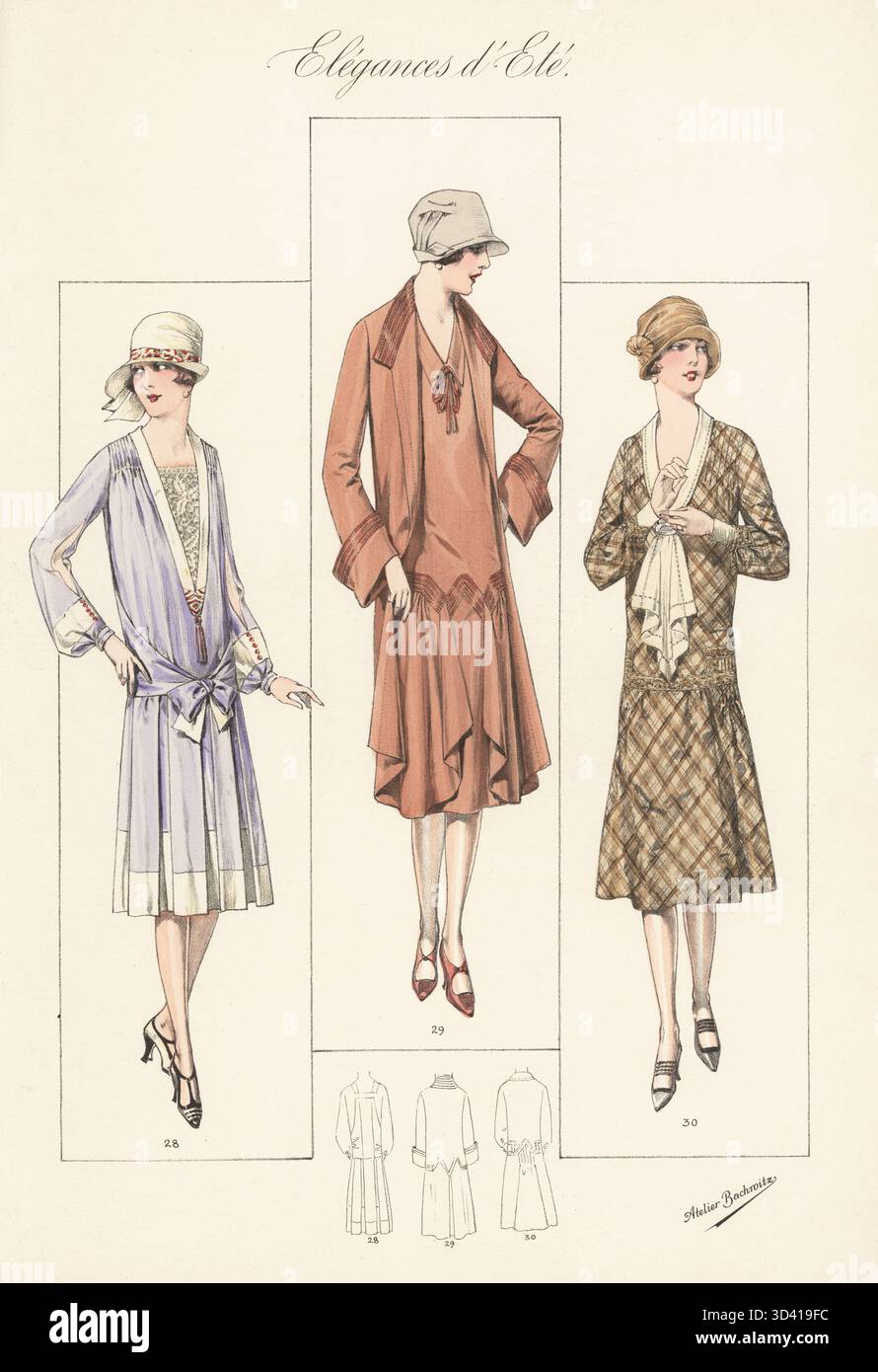 Flappern in Cloche-Hüten und Sommerkleider. Kleid in zweifarbigem Shantung, Rock mit Kastenfalte 28, Anzug aus Krepp-Satin 29, kariertes Tafelkleid mit Spitzenkragen 30. Handkolorierte Lithographie von Atelier Bachwitz von Modell-Kleider fur den Hochsommer, Elegances d'Ete, Moden for the Hot Season, Atelier Bachwitz AG, Wien, 1926. Stockfoto