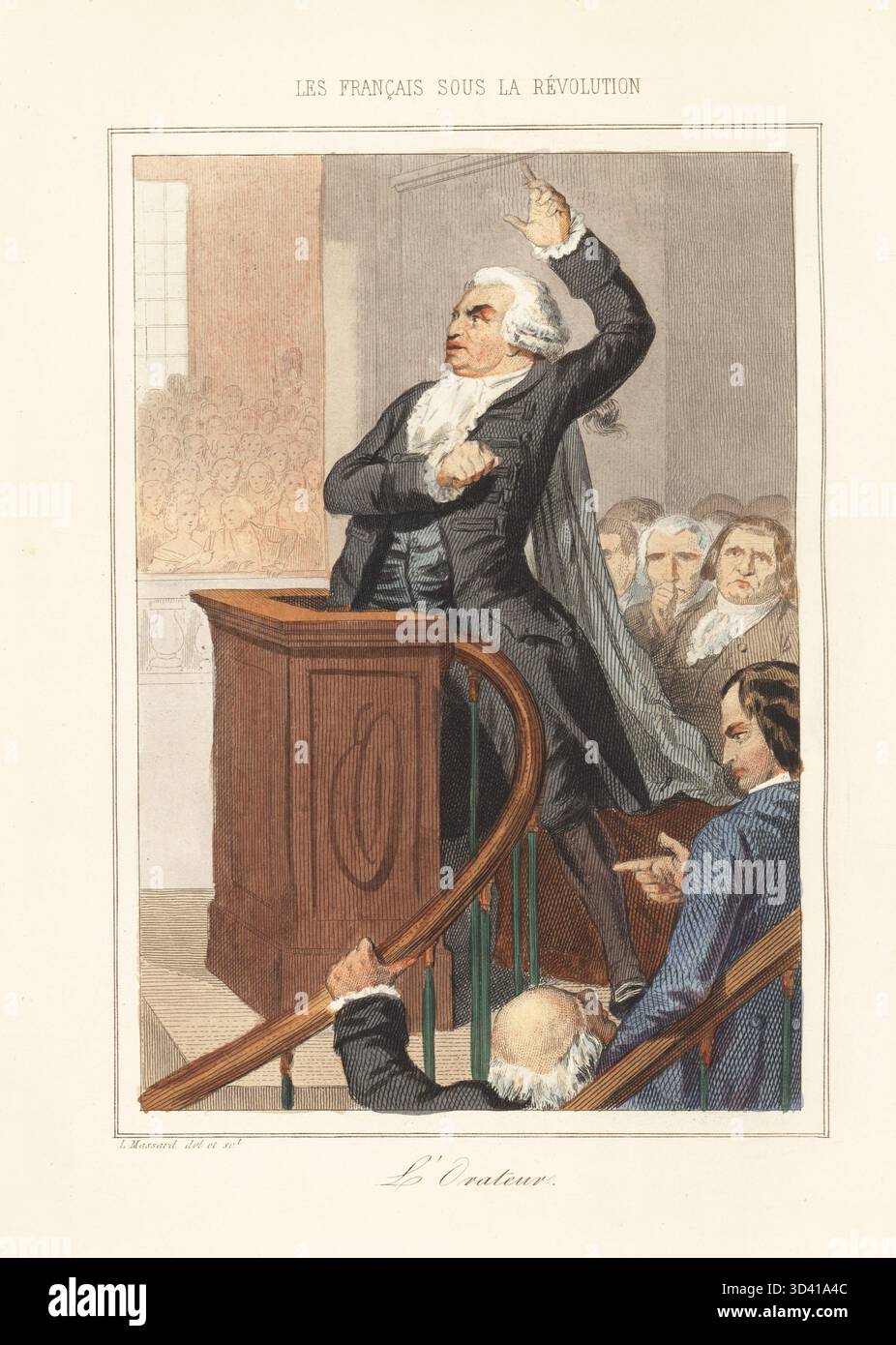 Der gefeierte Redner Mirabeau sprach an einem Rednerpult, 1791. Honoré Gabriel Riqueti, Graf von Mirabeau, Mitglied des Jacobin-Clubs, Schriftsteller, Diplomat und Journalist, 1749-91. L'orateur. Handkolorierter Stahlstich von Leopold Massard aus Augustin Challamel und Wilhelm Tenint's Les Francais sous la Revolution, die Franzosen unter der Revolution, Challamel, Paris, 1843. Stockfoto