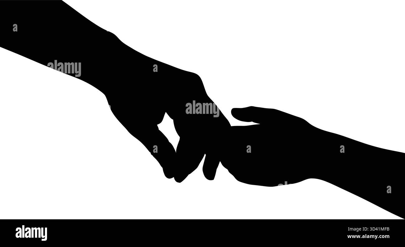 Silhouette zweier Hände, die sich zueinander auf weißem Hintergrund erstrecken Stock Vektor