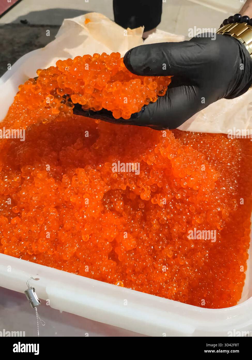 Eier mit einem Handschuher mischen. Roter Kaviar in einem Plastikbehälter. Lachskaviar, Diätkost. Stockfoto