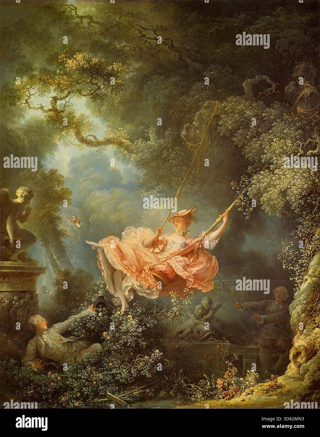 FRAGONARD, Jean-Honor? (b. 1732, Grasse, d. 1806, Paris) The Swing 1767 Oil on Canvas, 81 x 64 cm Wallace Collection, London das Gemälde wurde ursprünglich von einem seriösen Geschichtsmaler von einem unbekannten französischen Adligen in Auftrag gegeben (er war nicht der Baron the St Julien, wie in der Vergangenheit angenommen wurde): „Ich wünsche“, sagte er, „dass Sie Madame (auf seine Geliebte) auf eine Schaukel malen sollten, die von einem Bischof in Bewegung gesetzt wird. Du musst mich dort platzieren, wo ich einen guten Blick auf die Beine dieses hübschen kleinen Dinges habe..." Dem seriösen Geschichtsmaler fällt nichts anderes ein, als sich zu reko zu äußern Stockfoto