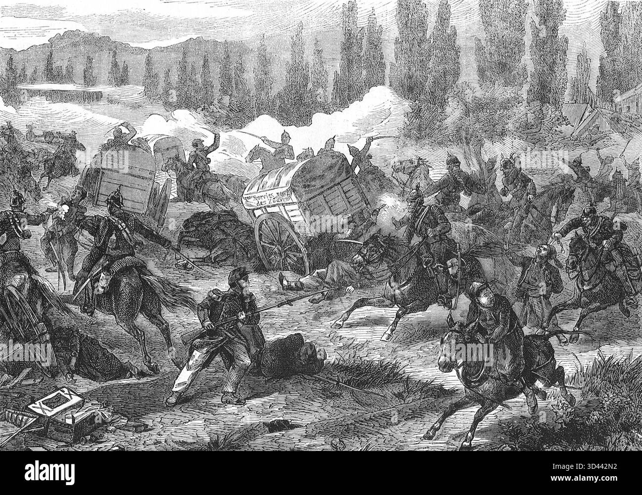 Preußischer Angriff auf einen französischen Hilfskonvoi während des Deutsch-Französischen Krieges. Stockfoto