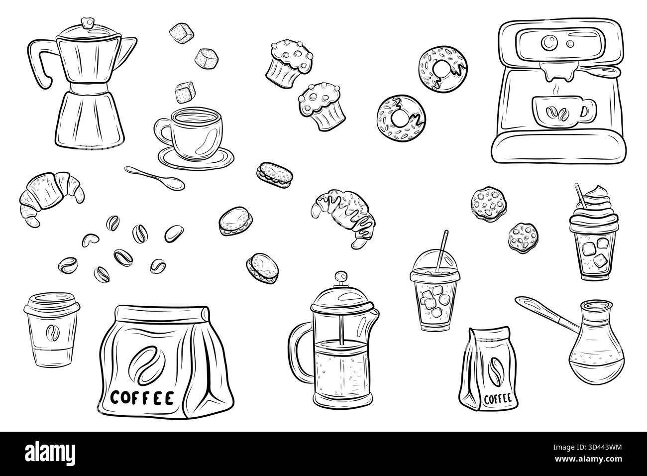 Kaffee Time Doodle Set mit Getränken und Desserts Stock Vektor