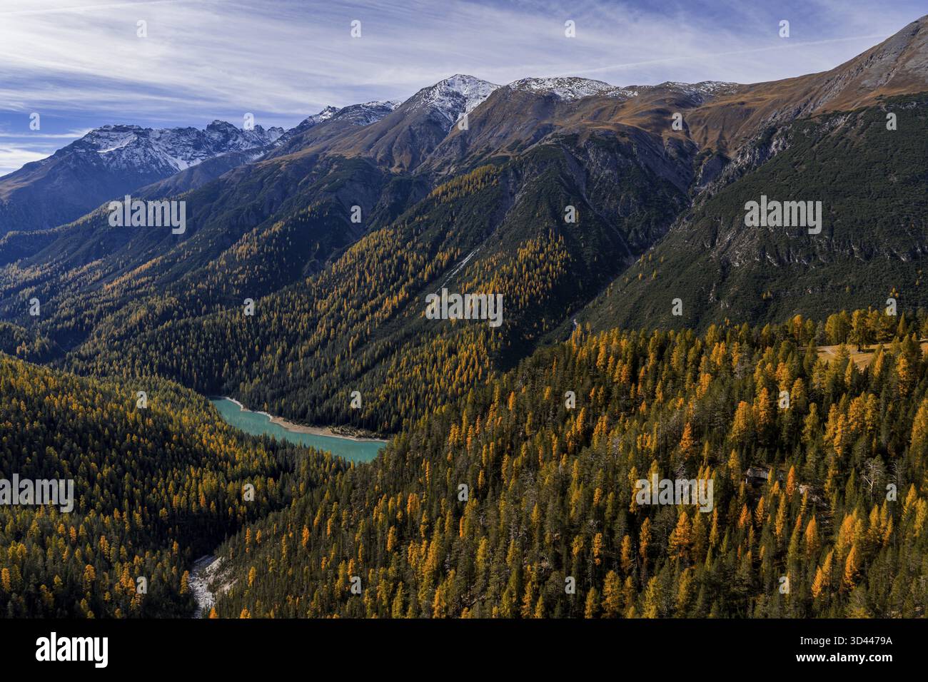 Berglandschaft, wild, unberührt, Nadelwald, sonnig, Flussbett, Herbst, Lärchenwald, Stausee, Luftaufnahme, Val Muestair, Schweizer Nationalstaat Pa Stockfoto