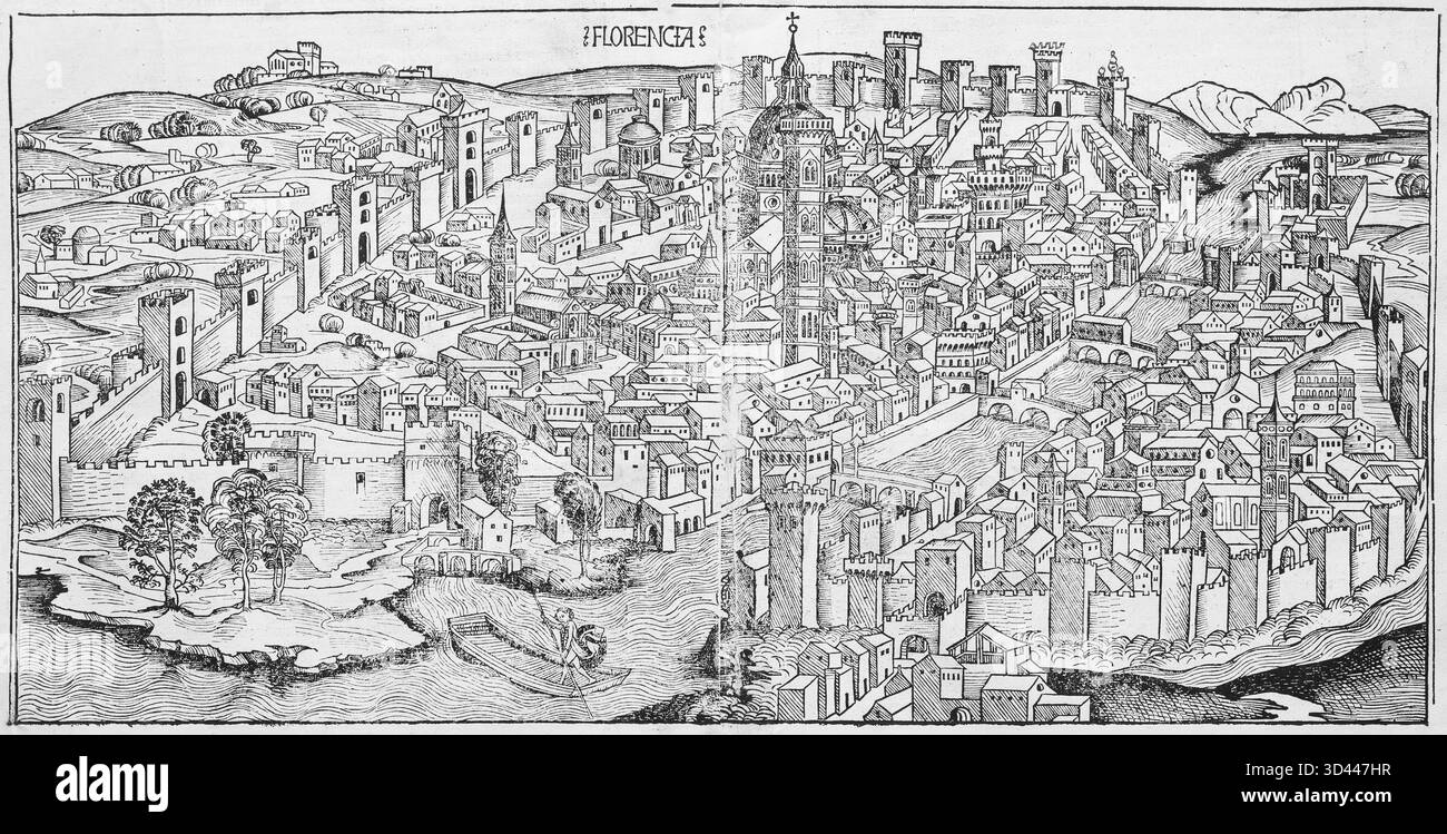 Altstadt von Florenz oder Florencia mit Fluss Arno, Kathedrale von Florenz oder Dom von Florenz, Holzschnitt aus: Schedel's World Chronicle, Hartmann Schedel 1 Stockfoto