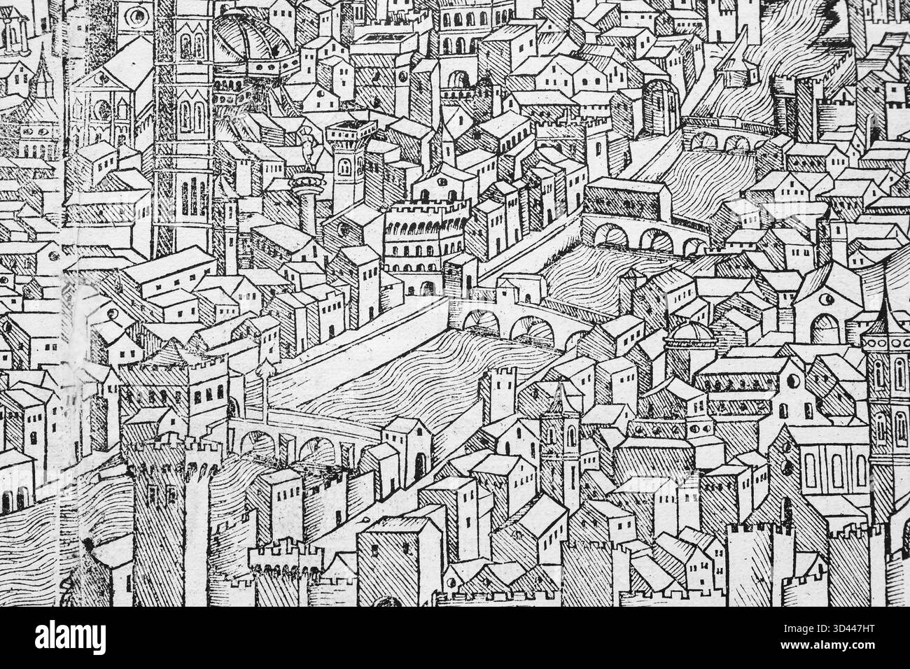 Altstadt von Florenz oder Florencia mit Arno, Details Holzschnitt aus: Schedel's World Chronicle, Hartmann Schedel 1493 Stockfoto