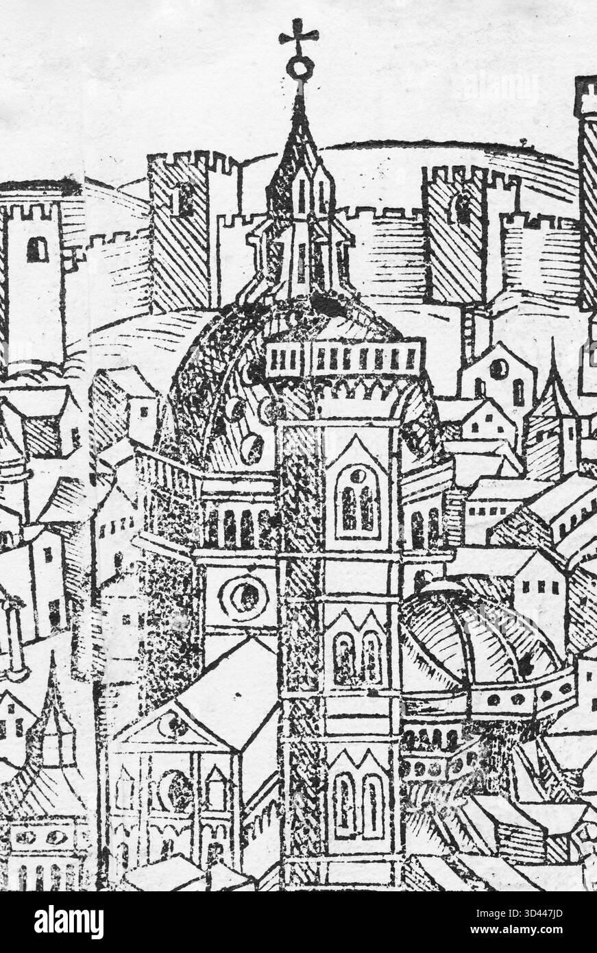 Altstadt von Florenz oder Florencia mit Fluss Arno, Kathedrale von Florenz oder Dom von Florenz, Detailholzschnitt aus: Schedel's World Chronicle, Hartmann SC Stockfoto