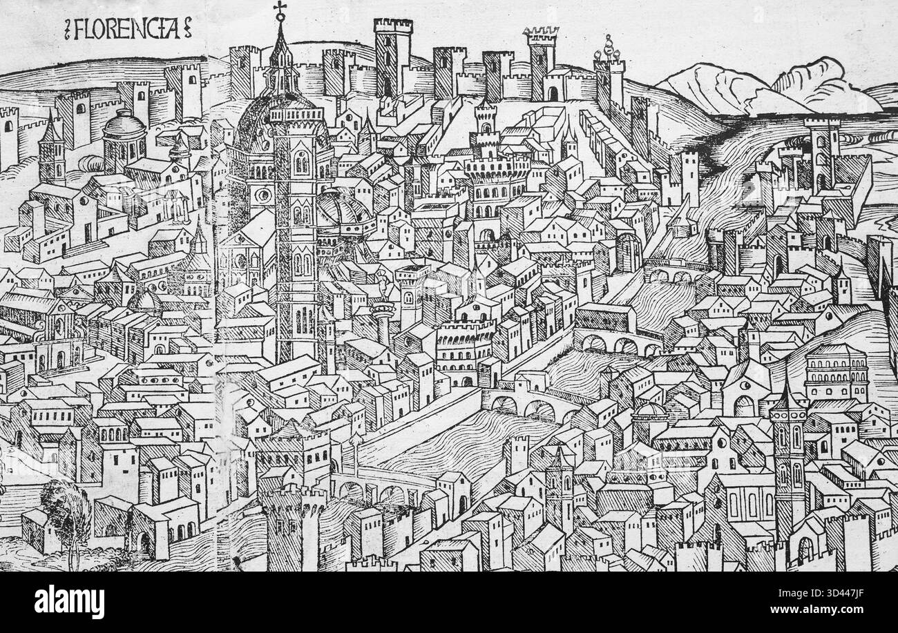 Altstadt von Florenz oder Florencia mit Fluss Arno, Kathedrale von Florenz oder Dom von Florenz, Detailholzschnitt aus: Schedel's World Chronicle, Hartmann SC Stockfoto