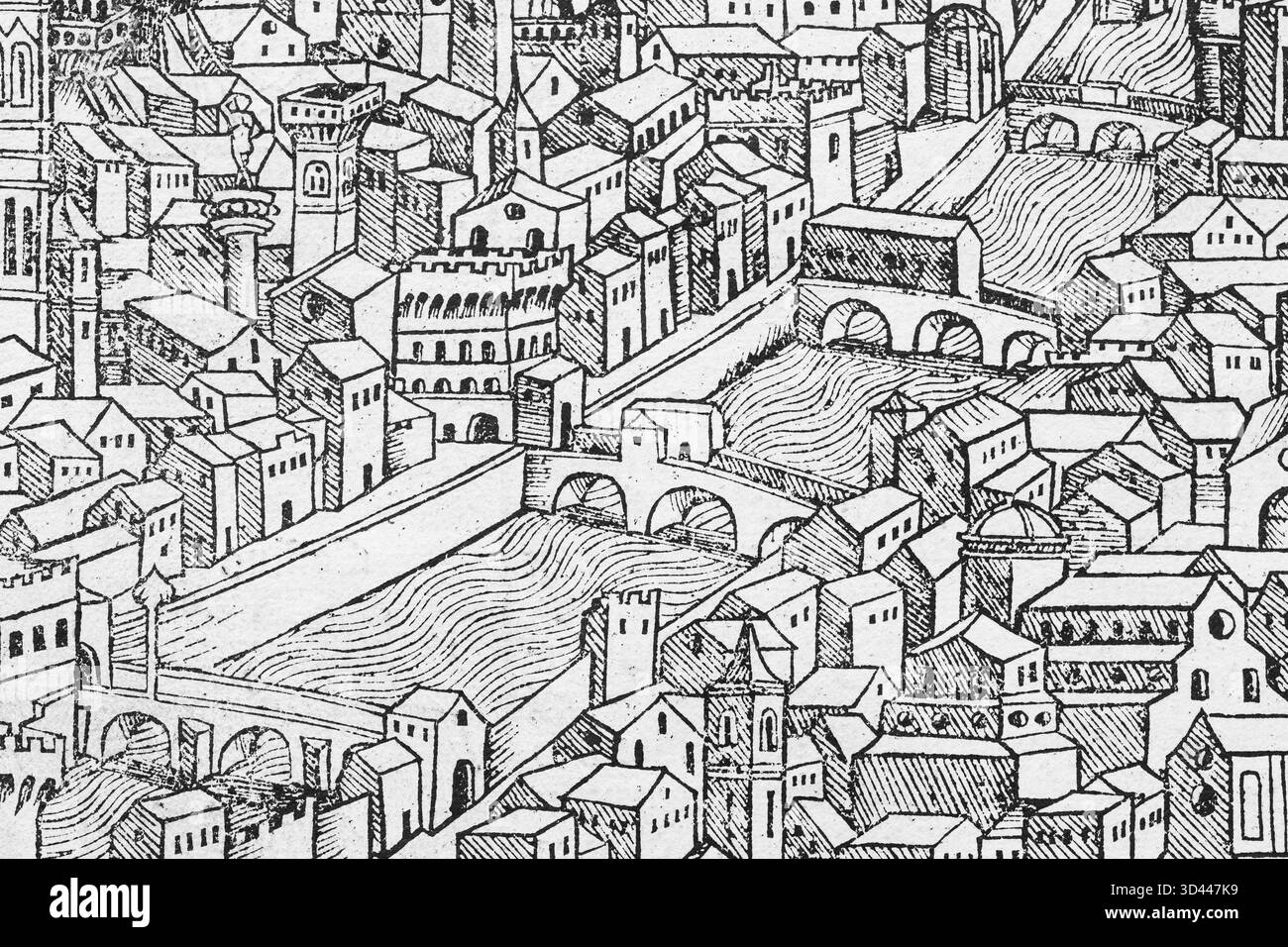 Altstadt von Florenz oder Florencia mit Fluss Arno, Detailholzschnitt aus Schedel's World Chronicle, Hartmann Schedel 1493 Stockfoto