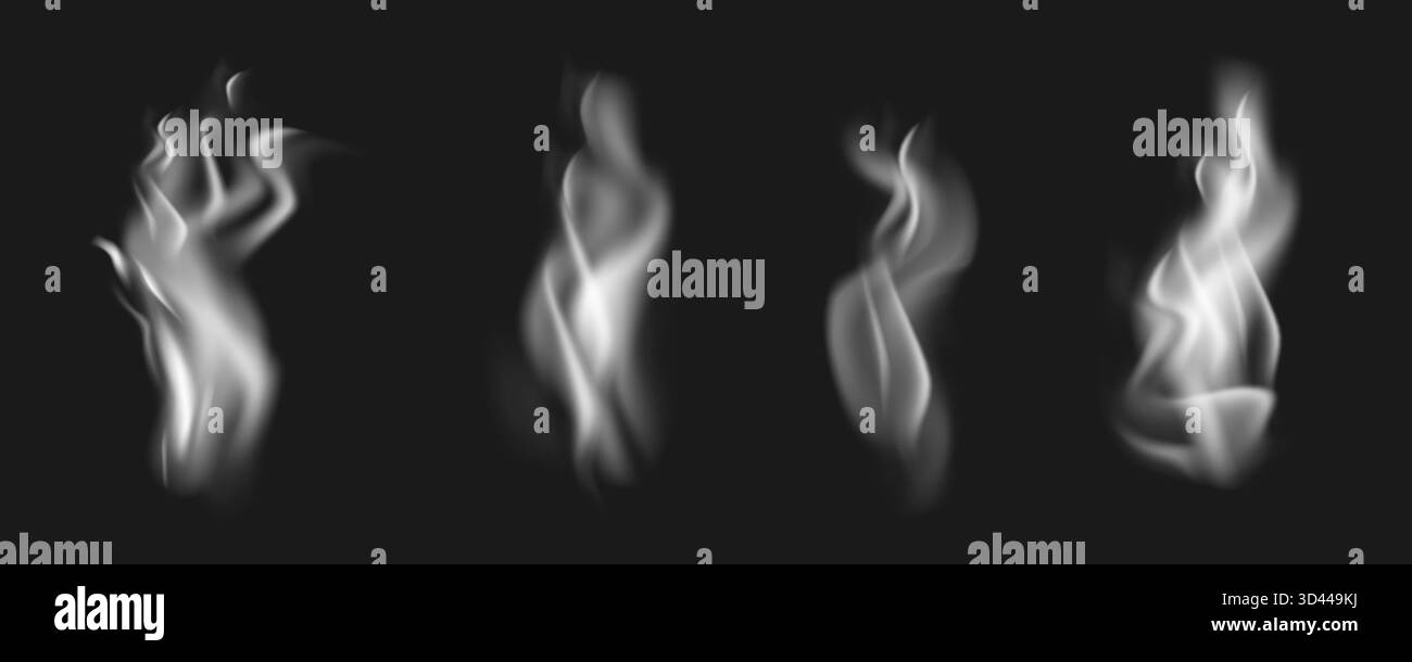 Realistische weiße Rauchsäulen und Dampf, der auf dunklem Hintergrund aufsteigt. Isolierter Dampf, Nebel oder Zigarettenrauch. Bearbeitbare Vektordarstellung. Stock Vektor