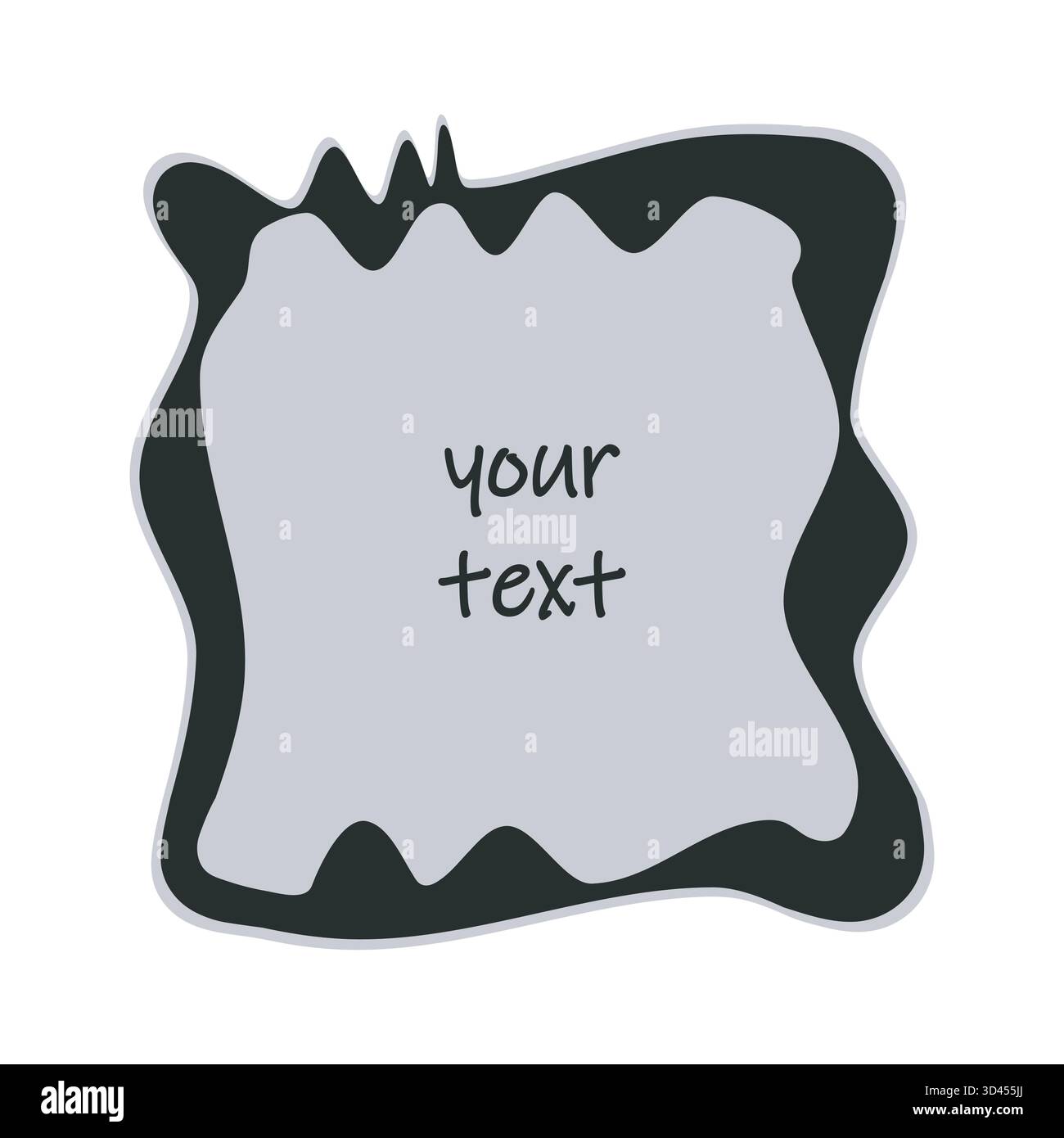 Unregelmäßiger Kantenrahmen. Handgezeichneter Pinselrand mit schwarzem Tintenfleck, Kritzelstrich, geometrische quadratische Form, grauer Textrahmen. Verspielt Stock Vektor