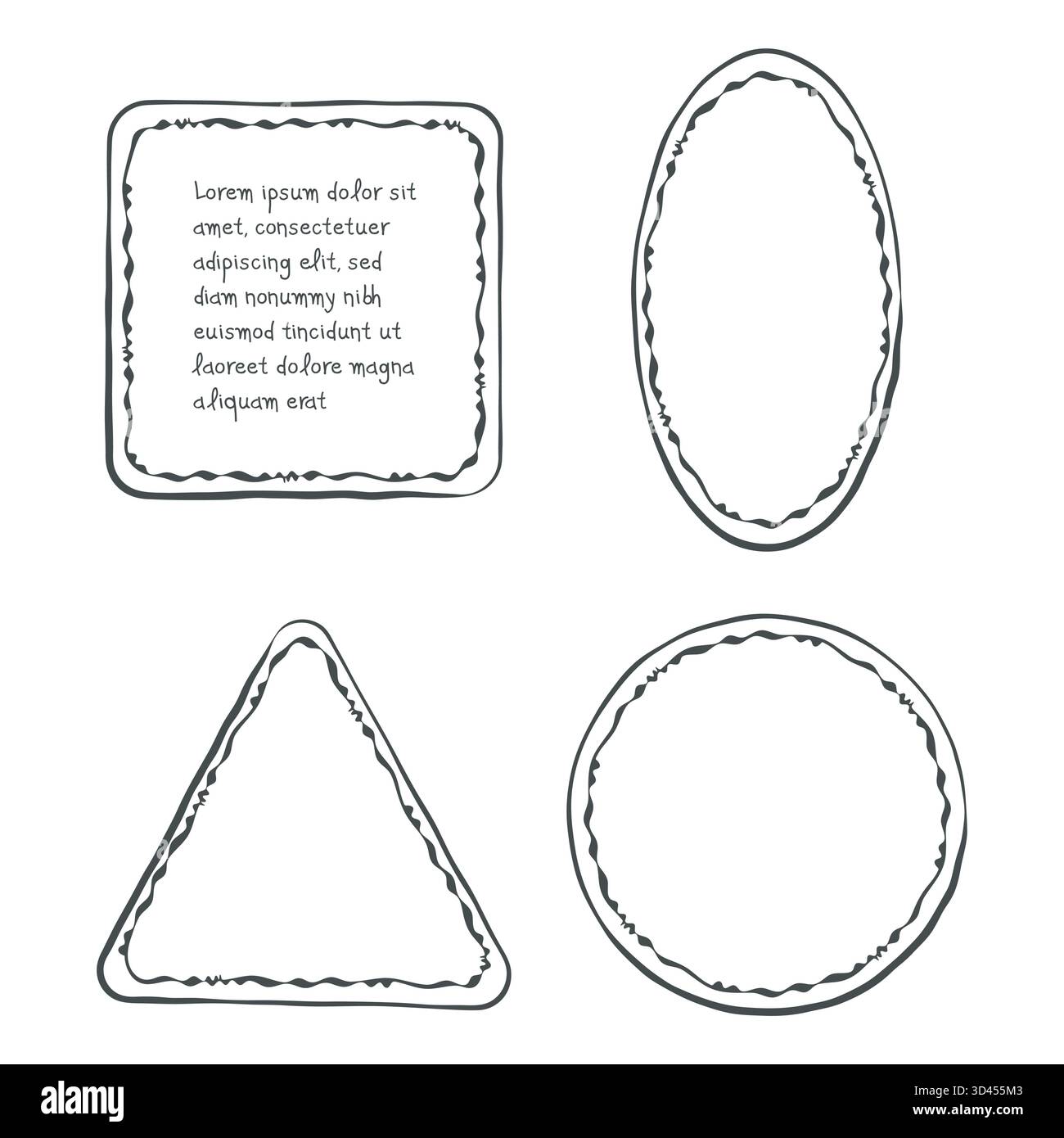 Rahmenkontur festgelegt. Handgezeichnete dekorative Grunge Doodle Wave Ink Pinsel Strichlinie, Boho Design Border Kollektion. Kreis, rechteckiges Quadrat Dreieck Stock Vektor