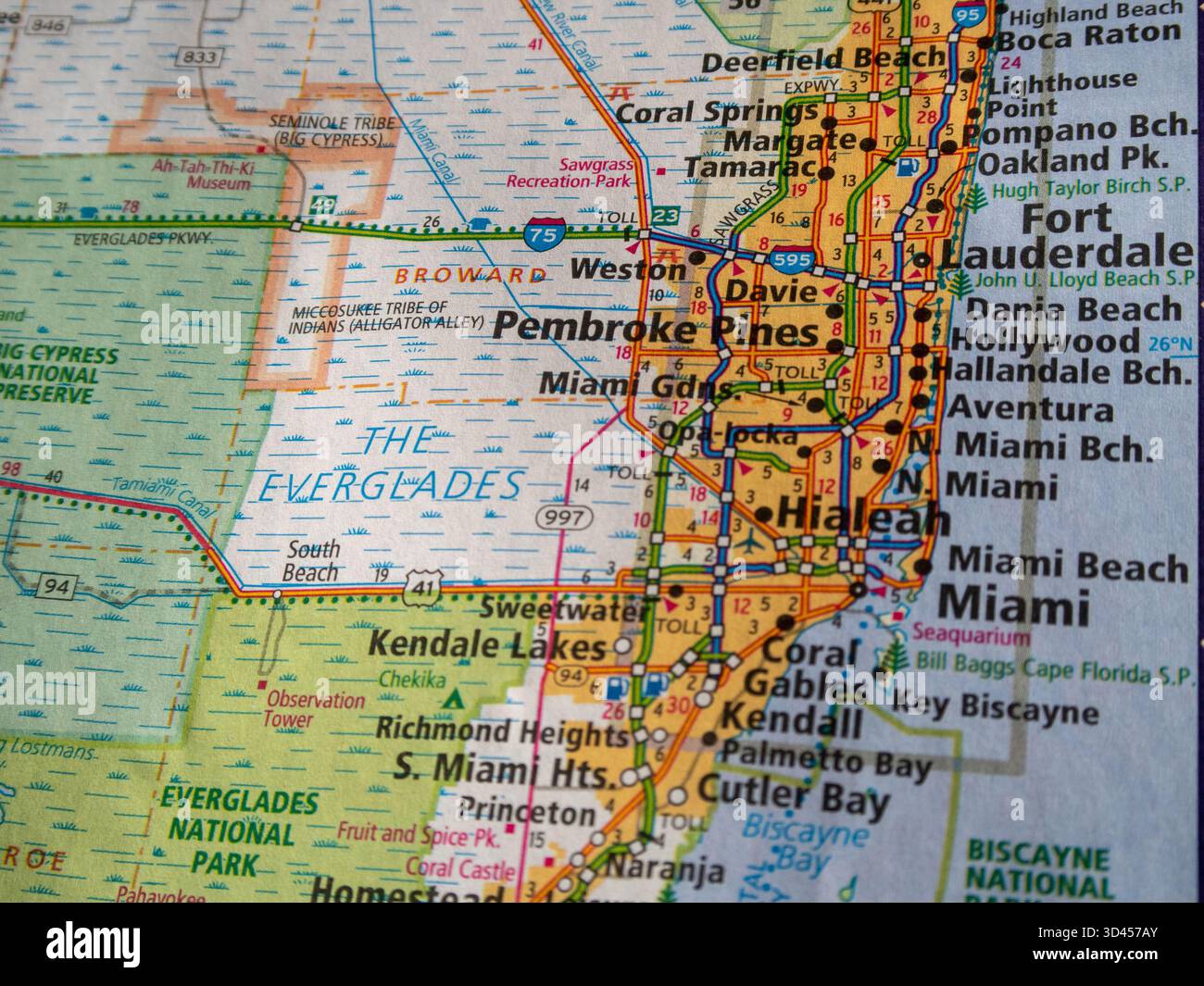 Detaillierte Straßenkarte von Miami-Dade County, Florida - Hialeah, Coral Gables und Key Biscayne Stockfoto