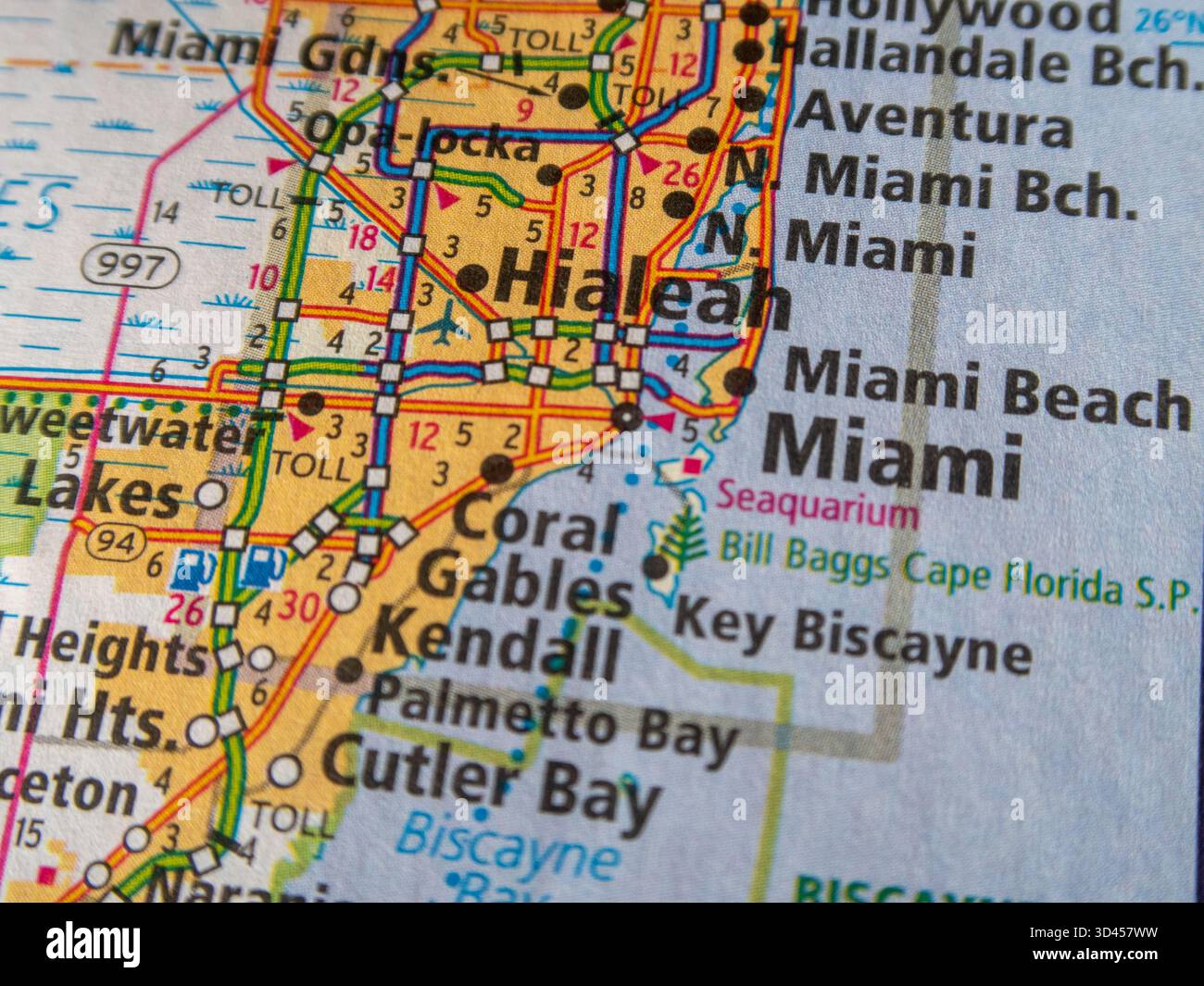 Detaillierte Straßenkarte von Miami-Dade County, Florida - Hialeah, Coral Gables und Key Biscayne Stockfoto
