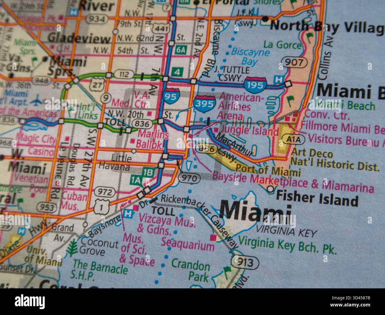 Detaillierte Straßenkarte von Miami-Dade County, Florida - Hialeah, Coral Gables und Key Biscayne Stockfoto