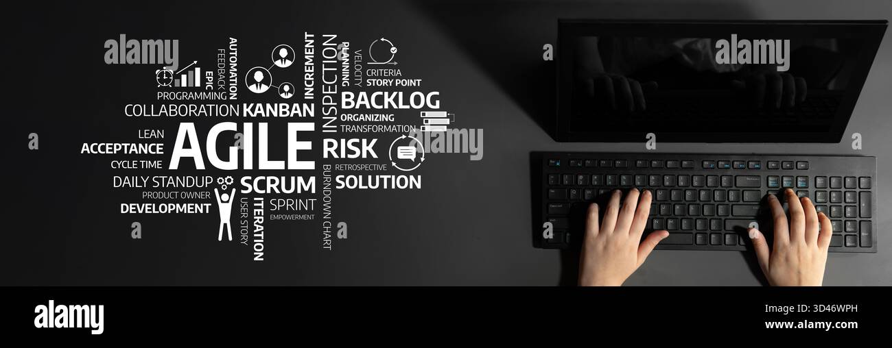 Dieses Bild veranschaulicht das Konzept des agilen Projektmanagements und zeigt Schlüsselwörter wie Scrum, Kanban und Zusammenarbeit, wobei die praktische Arbeit betont wird Stockfoto