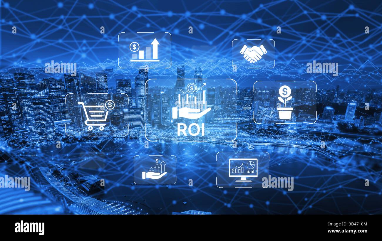 Konzept der Kapitalrendite (ROI) für Unternehmen. Analyse der finanziellen Leistung und der Investitionsstrategie zur Messung von Gewinn, Wachstum und Erfolg Stockfoto
