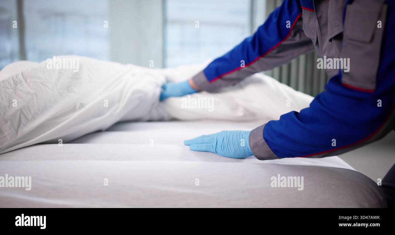Bettwanzen-Exterminator Prüft In Schwach Beleuchteten Räumen Auf Schädlinge. Stockfoto