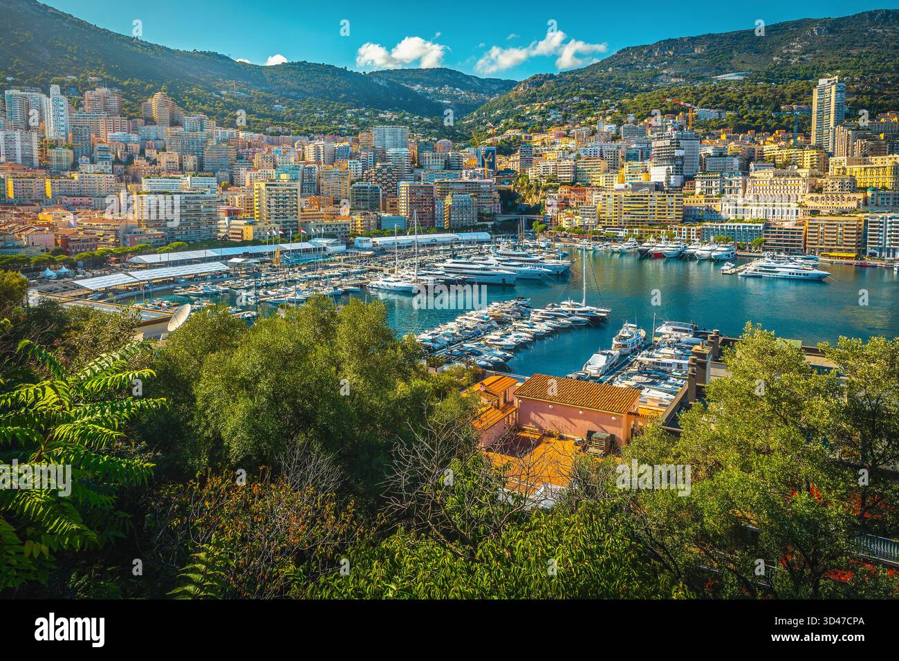 Spektakulärer Hafen von Monte Carlo in der Bucht mit Luxusyachten und malerischen Wolkenkratzern am Hang, Monaco, Cote d Azur, Europa Stockfoto
